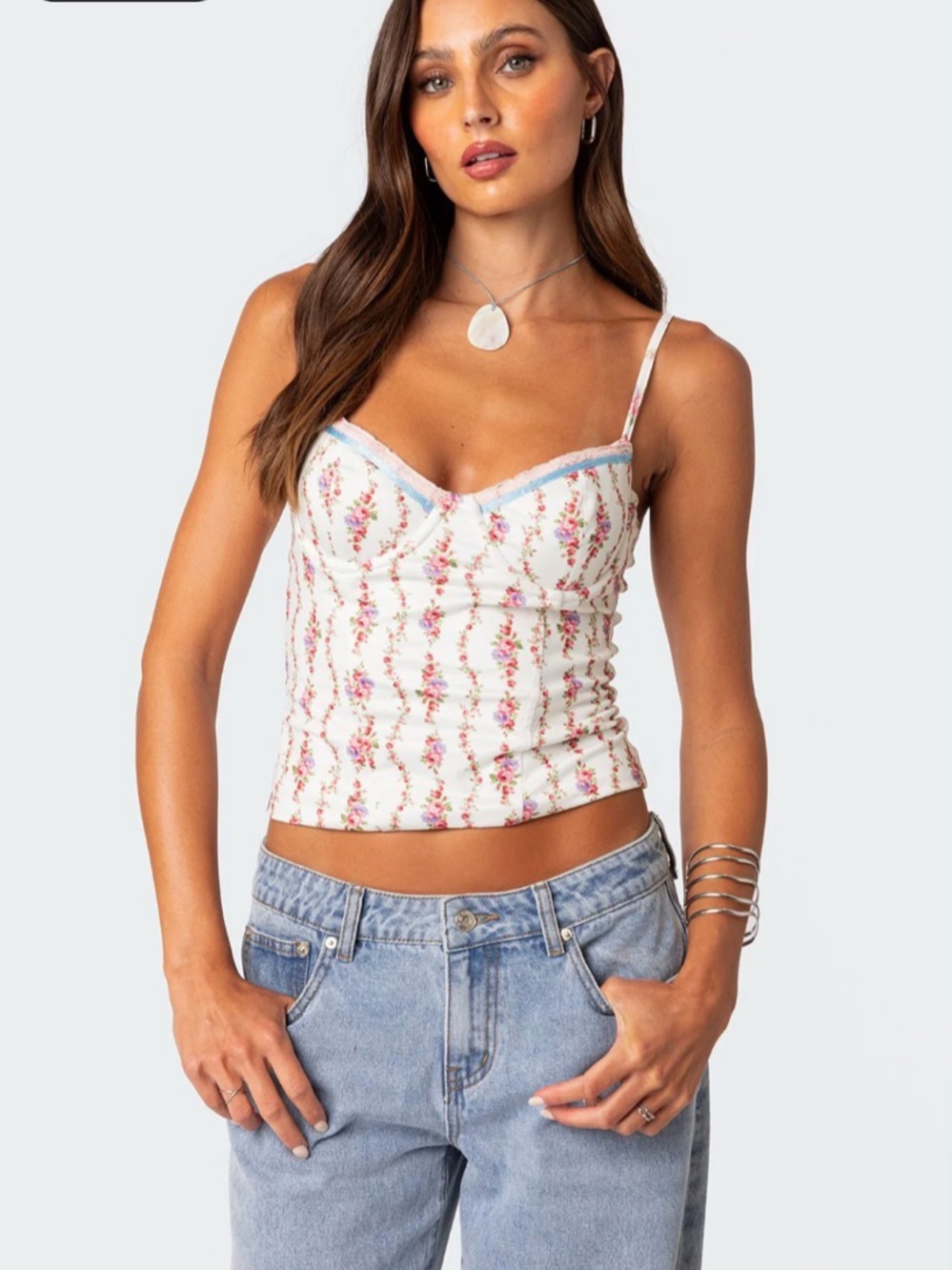 EDIKTED Indira Printed Cupped Lace Up Corset In White Size M - Picture 3 of 4